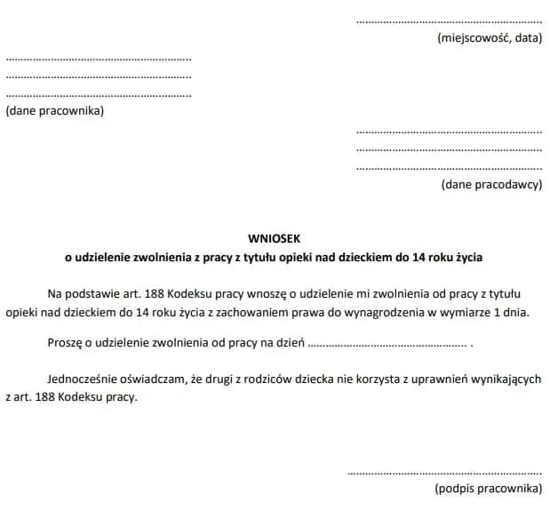 Wniosek o urlop na dziecko - 2 dni opieki nad dzieckiem oświadczenie, wniosek o urlop opiekuńczy