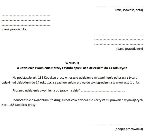 Wniosek o urlop na dziecko - 2 dni opieki nad dzieckiem oświadczenie, wniosek o urlop opiekuńczy